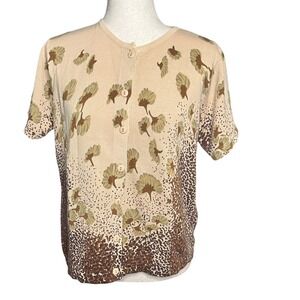 Vtg In Knit Cardigan Sweater Size M Beige Floral Animal Print Short Sleeve Fall